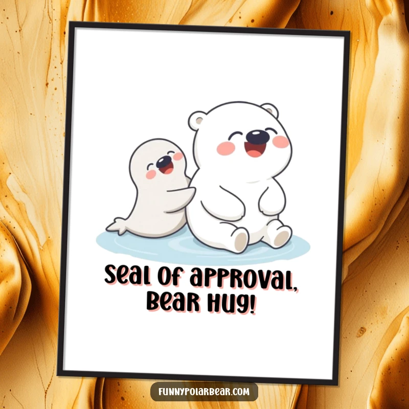 Funny Free Printable Wall Art: A round, giggling polar bear is being gently propelled forward by a cheerful, playful seal.