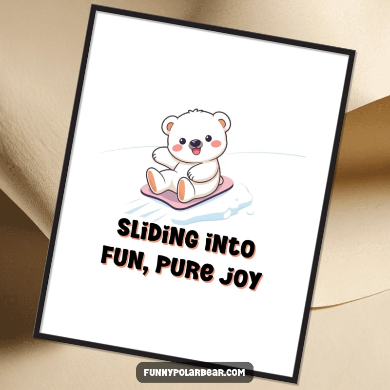 Funny Free Printable Wall Art: A kawaii polar bear cub joyfully sliding down an icy slope, bringing winter cheer.