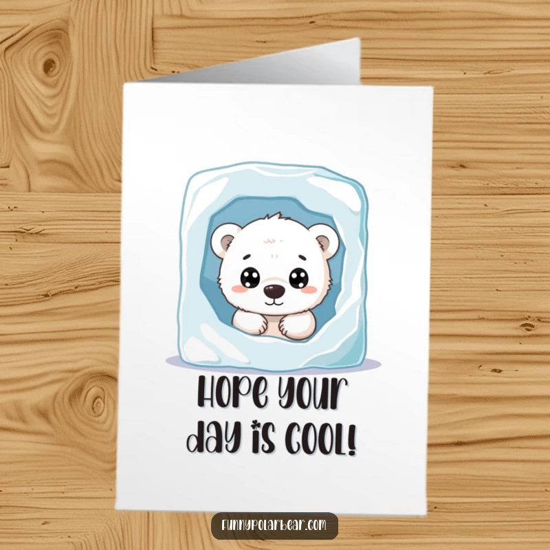 Funny Free Printable Birthday Card: Polar bear cub with wide, curious eyes peeking from behind a giant ice block, full of wonder.