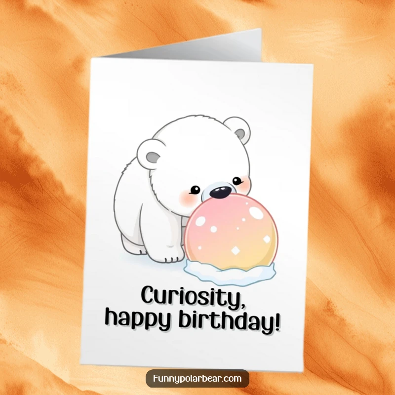 Funny Free Printable Birthday Card: A curious polar bear inquisitively sniffs a massive, vibrantly colored snowball with wide eyes.
