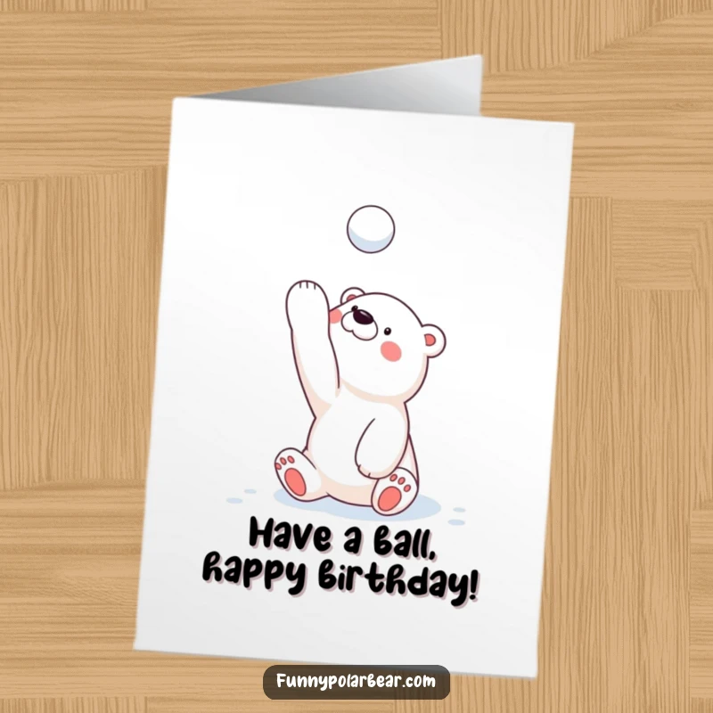 Funny Free Printable Birthday Card: A polar bear cub playfully tossing a snowball high into the snowy air with glee.
