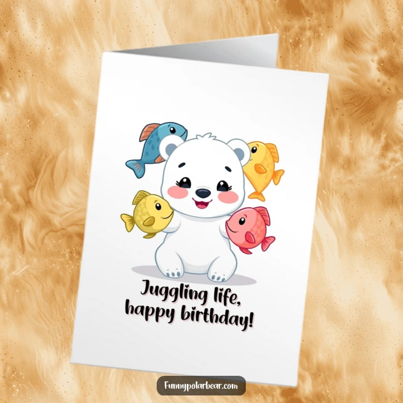 Funny Free Printable Birthday Card: A beaming polar bear cub happily juggles three colorful fish with a wide smile.