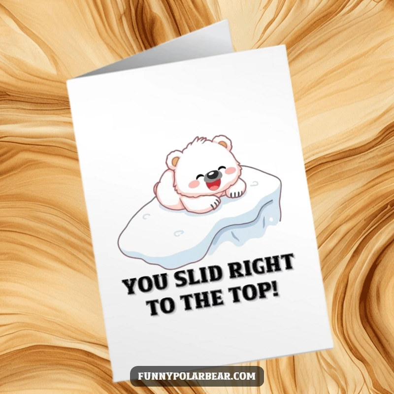 Funny Free Printable Congratulations Card: A fluffy white bear cub gleefully slides down an icy hill, celebrating a big win.