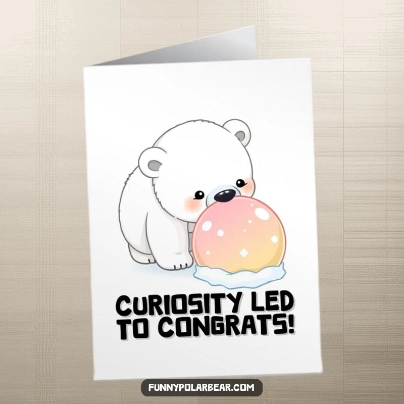 Funny Free Printable Congratulations Card: A polar bear is pictured with its nose close to a huge, colorful snowball, showing great interest.