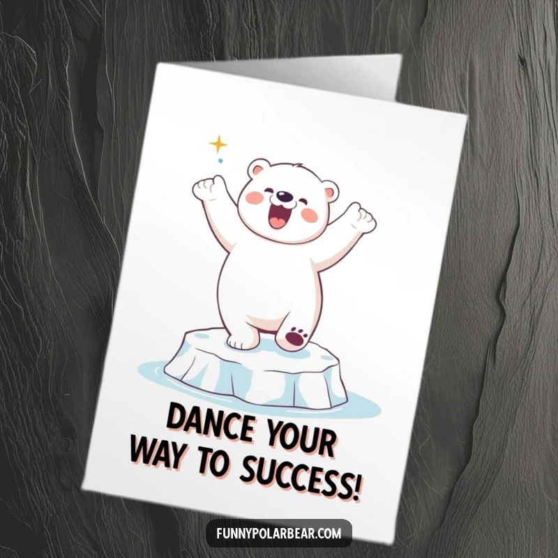 Funny Free Printable Congratulations Card: A joyful polar bear performs a playful dance routine on a floating ice chunk, full of energy.