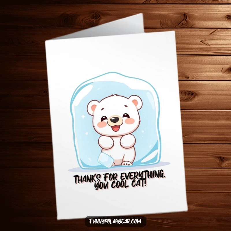 Funny Free Printable Thank You Card: A sweet giggling polar bear cub peeking out from behind ice, saying thank you.