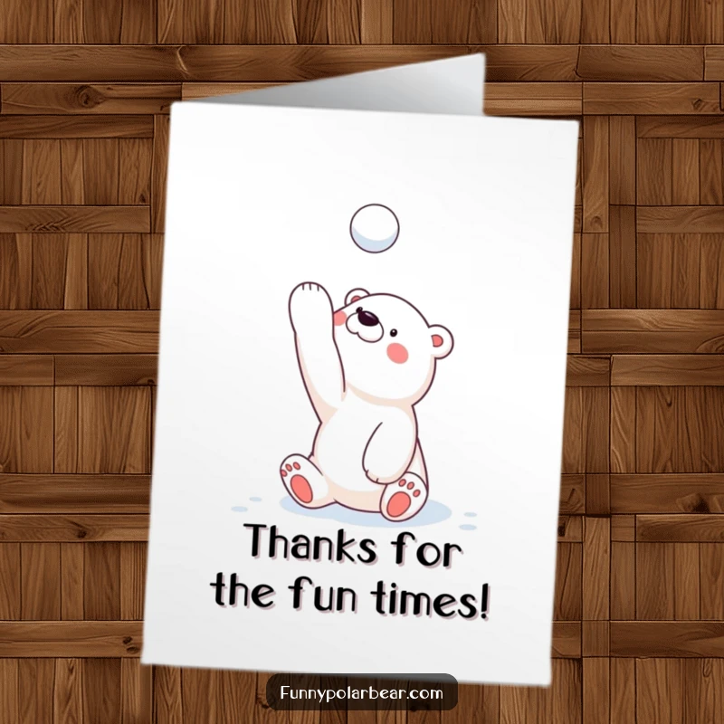 Funny Free Printable Thank You Card: A polar bear cub playfully tosses a snowball, expressing thanks with winter fun.