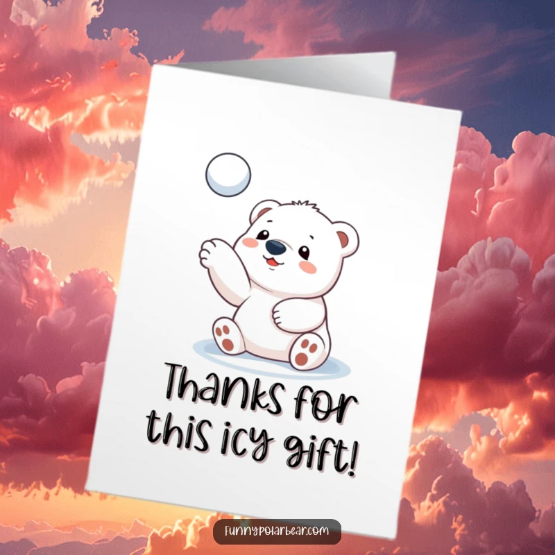 Funny Free Printable Thank You Card: Cute polar bear cub playfully tossing a snowball, expressing thanks with wintery delight.