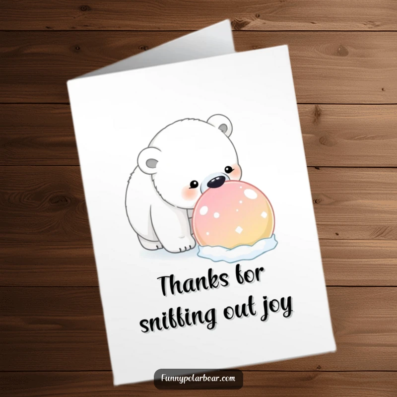 Funny Free Printable Thank You Card: A polar bear curiously sniffs a large, brightly colored snowball, conveying intrigue and gentle inquiry.