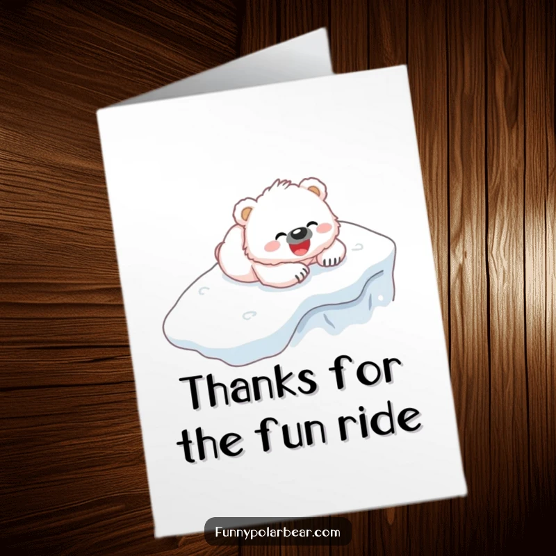 Funny Free Printable Thank You Card: A fluffy white bear cub gleefully slides down an icy hill, sending warm thanks.