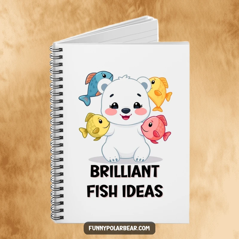 Funny polar bear cub notebook, beaming while juggling colorful fish, a humorous and practical tool for capturing thoughts.