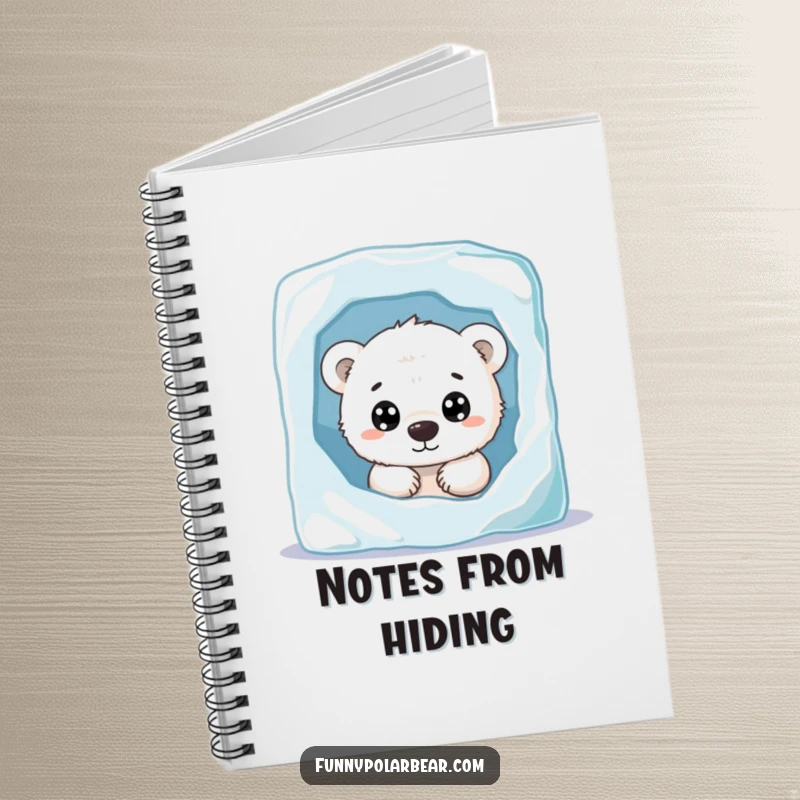 Funny polar bear cub notebook, peeking with curious eyes, behind ice, cute arctic journal, lined pages.