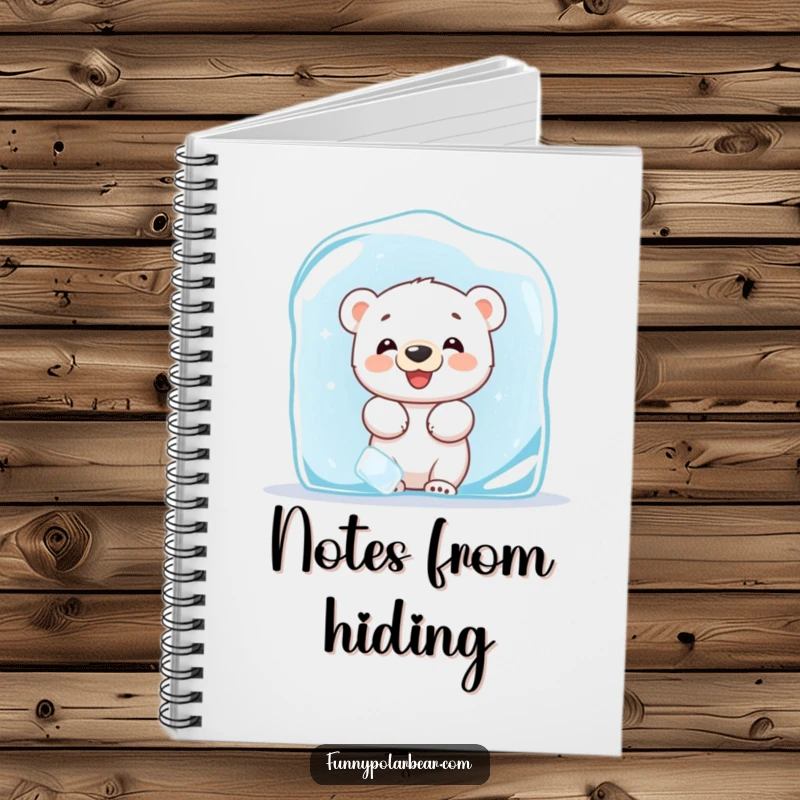 Funny notebook featuring a giggling polar bear cub peeking from behind a large ice block, perfect for jotting notes with Arctic fun.