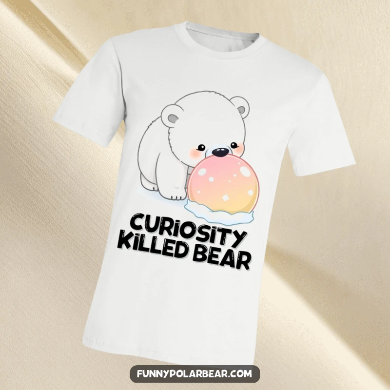 Funny Polar Bear Sniffing Snowball T-Shirt: An illustration of a curious polar bear humorously sniffing a giant, vibrant snowball.