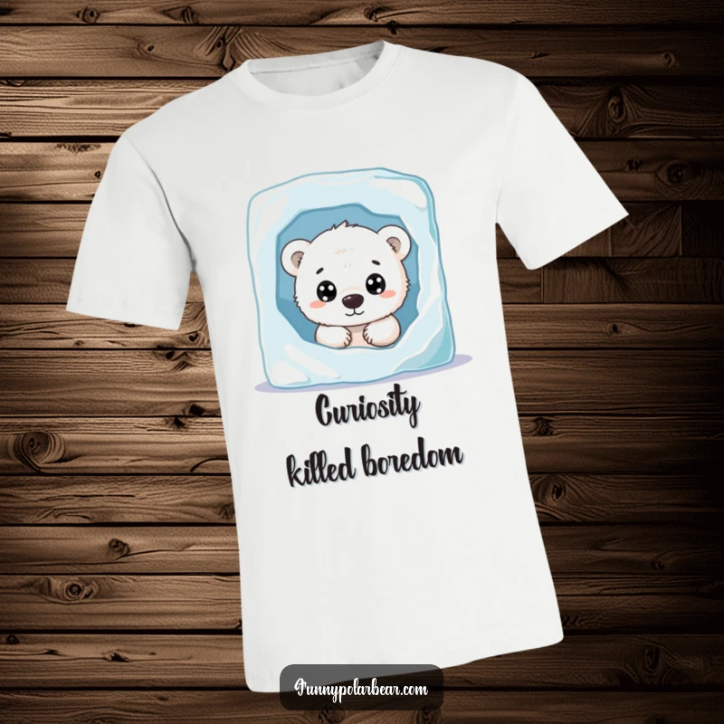 Funny polar bear cub t-shirt, peeking with curious eyes, behind ice block, cute arctic creature, soft fabric tee.