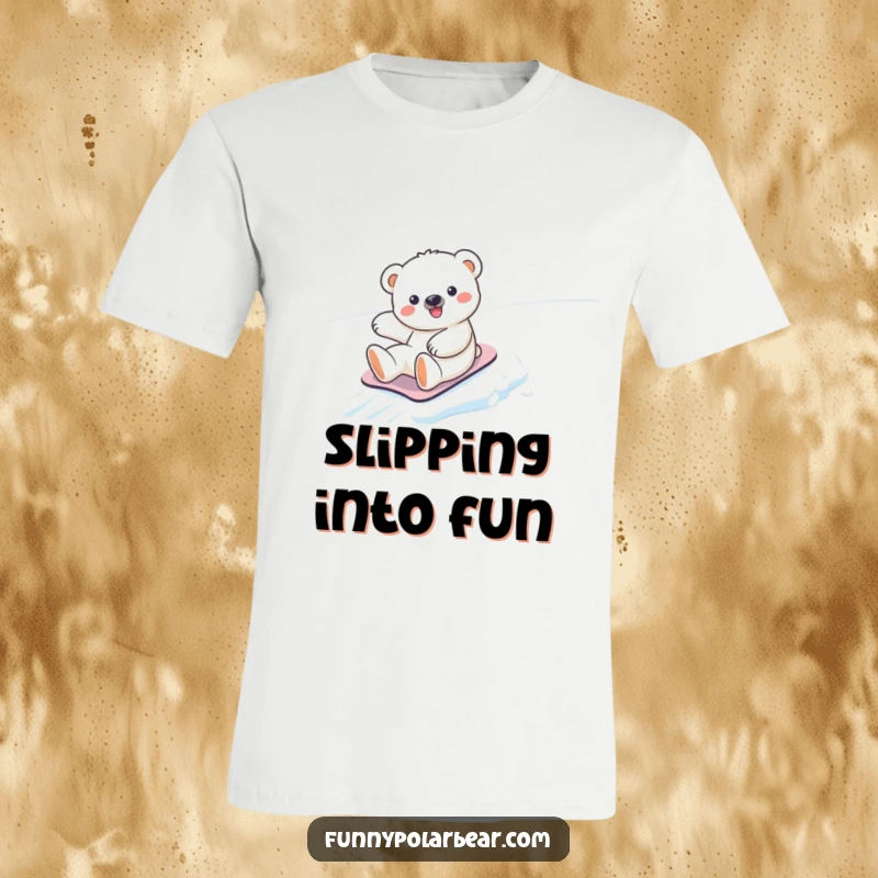 Funny kawaii polar bear cub t-shirt, gleefully sliding down an icy slope with speed and pure joy, a cute winter scene.