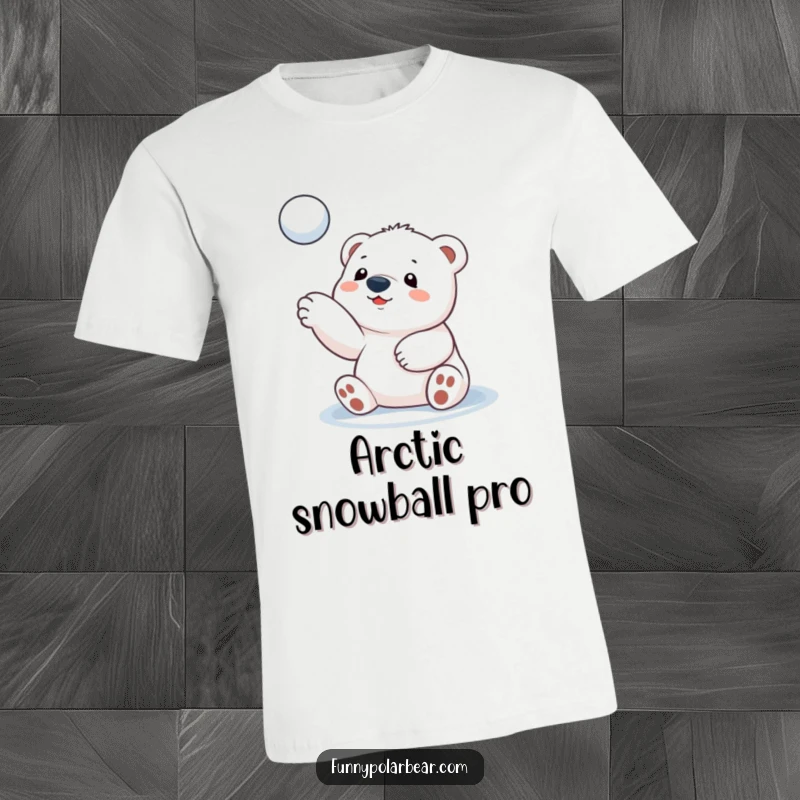 Funny polar bear cub t-shirt, mid-air snowball toss, playful winter scene, cute arctic animal, soft cotton tee.