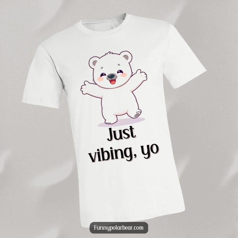 Funny t-shirt showcasing a happy polar bear cub gleefully spinning with arms wide open, radiating infectious Arctic delight.