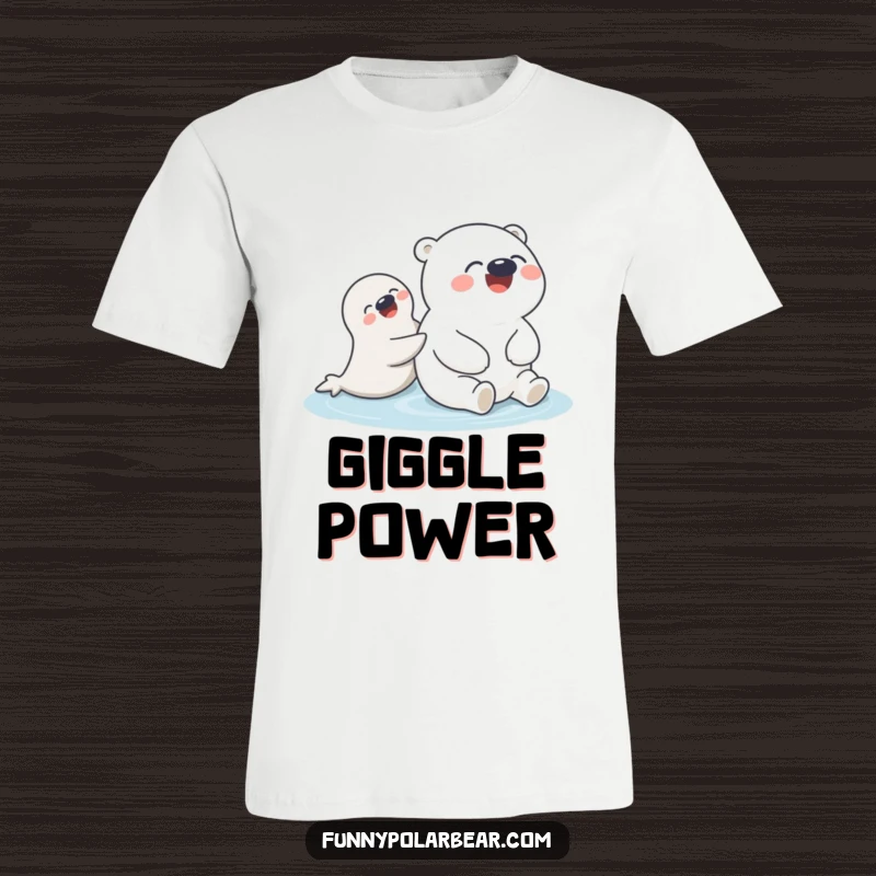 Funny Polar Bear & Seal T-Shirt: An illustration of a giggling polar bear humorously being pushed by a playful seal.