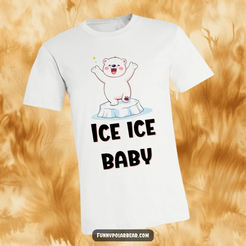 Funny Polar Bear Dancing T-Shirt: An illustration of a happy polar bear humorously dancing on an ice floe in a playful pose.