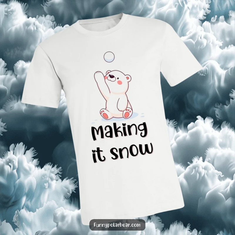 Funny polar bear cub t-shirt, caught in the act of playfully tossing a snowball high into the sky, depicting winter action.