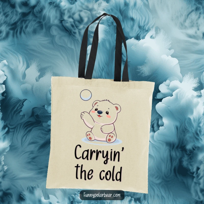 Funny polar bear cub tote bag, playfully throwing a snowball, cute arctic companion, durable and stylish, essential accessory.