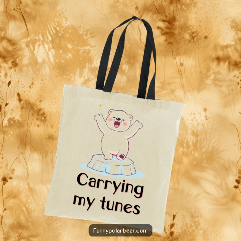 Funny Polar Bear Dancing Tote Bag: A happy polar bear character humorously dances on an ice floe, ready for fun.