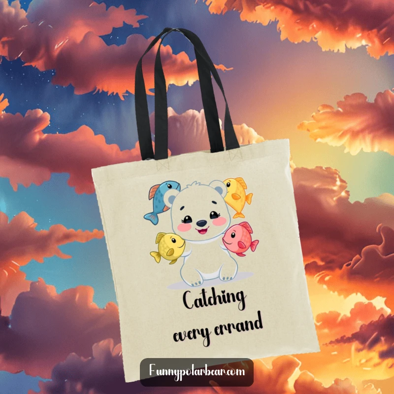 Funny polar bear cub tote bag, happily juggling colorful fish, a humorous and practical accessory for everyday adventures.