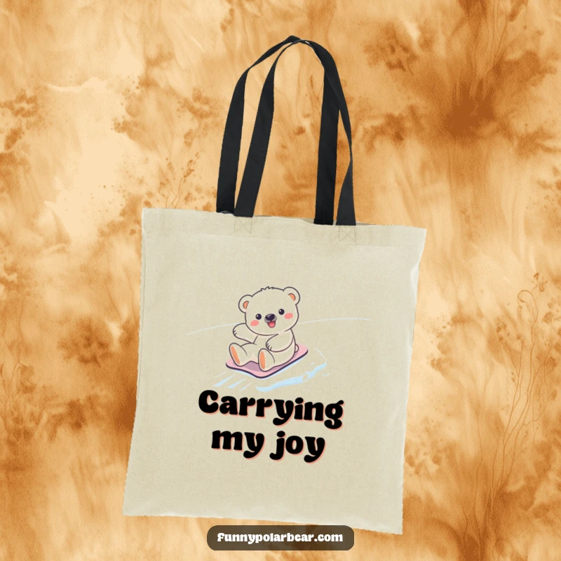 Funny kawaii polar bear cub tote bag, joyfully sliding down a snowy slope, a humorous and practical accessory for winter fans.