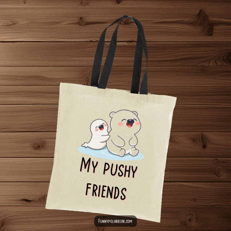 Funny Polar Bear Seal Tote Bag: A giggling polar bear humorously gets a gentle push from a playful seal, perfect for outings.