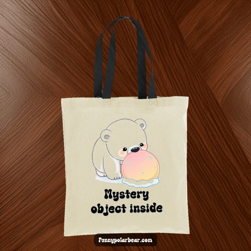 Funny Polar Bear Snowball Tote Bag: A curious polar bear humorously sniffs a giant, brightly colored snowball, perfect for winter outings.