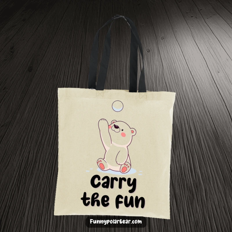 Funny polar bear cub tote bag, playfully tossing a snowball overhead, a humorous and practical accessory for winter outings.