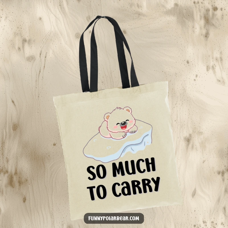 Funny Bear Cub Tote Bag: Features a fluffy white cub gleefully sliding down an icy hill on its belly.